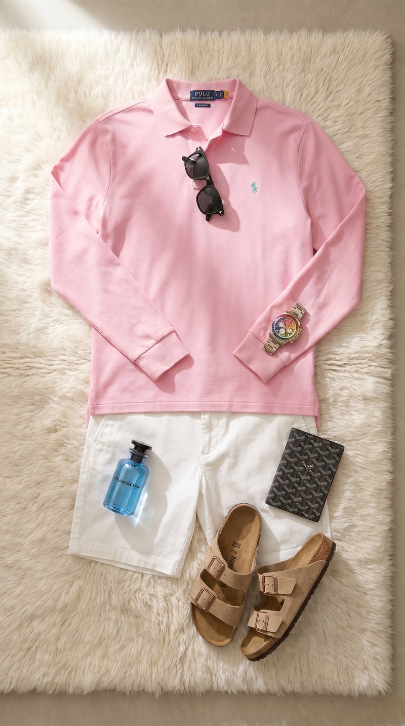 Flat-lay: pink Polo Ralph Lauren shirt, white shorts and Birkenstocks on shag rug
