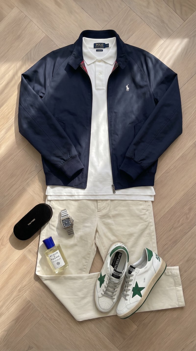 Flat-lay: navy Polo jacket over white polo shirt with cream trousers and sneakers